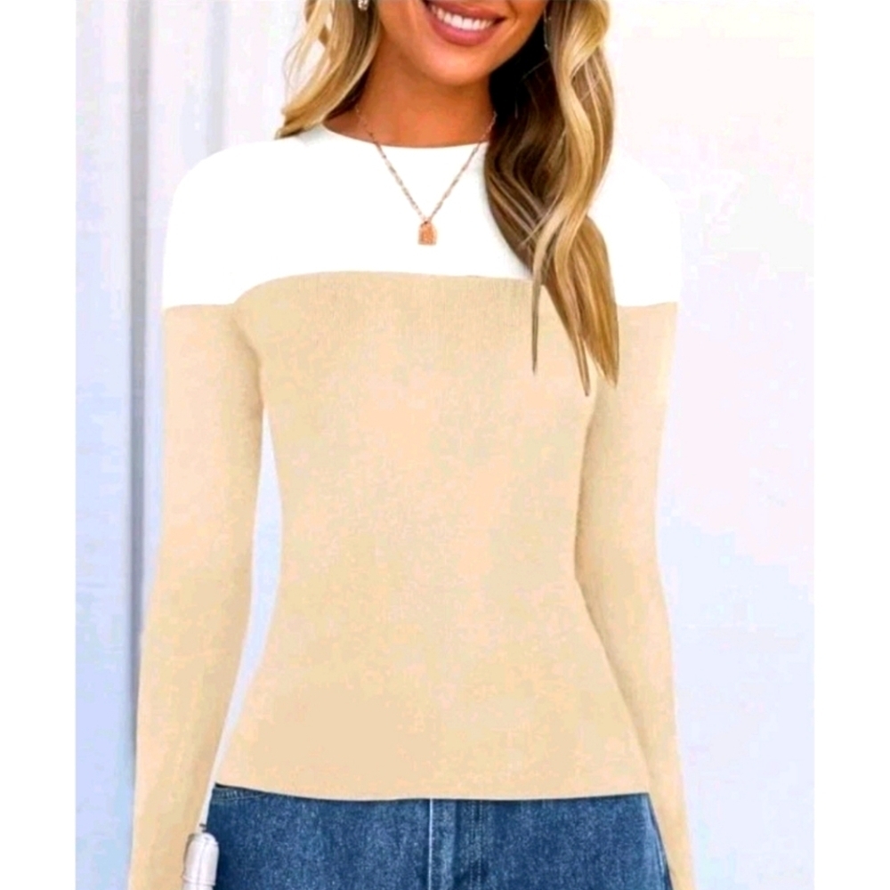 Colorblock Long Sleeve Knit Crewneck Sweater Top Women's Sz L Flattering Fit